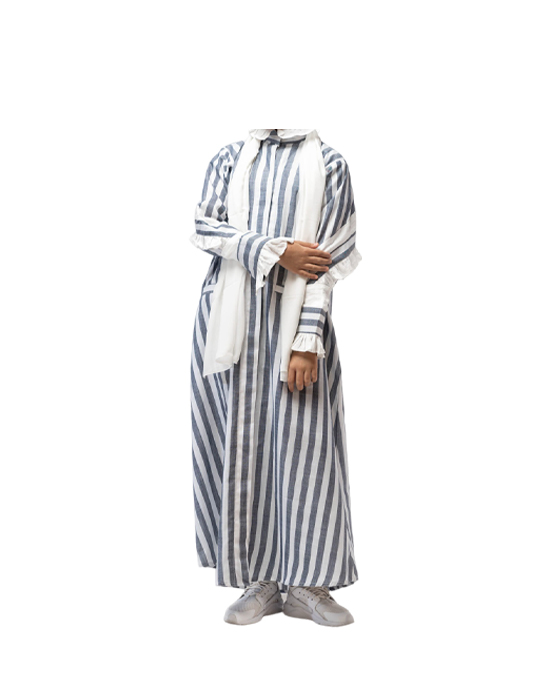 White And Gray Cotton Abaya With Longitudinal Stripes v1