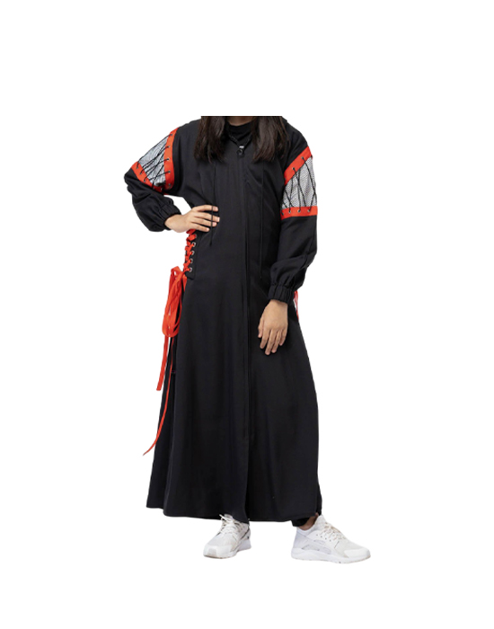 Zippered Linen Abaya With Geometric Panels v1 Zippered Linen Abaya With Geometric Panels v1