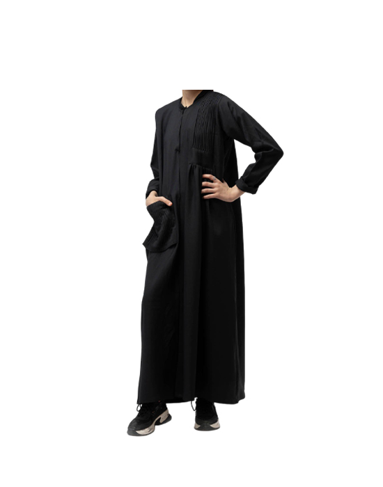 Black Linen Abaya With Pleats And Distinctive Embroidery v1