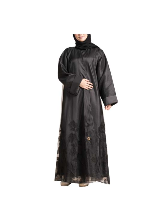 Black Half Cloche Abaya With Taffeta Embroidery And Tulle v1