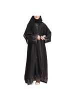 Black Silk Half Cloche Abaya With Square Embroidery v1