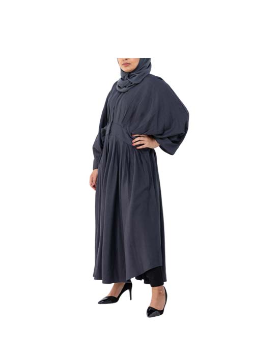 Dark Grey Linen Abaya With Pleats v1
